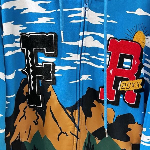 First Row Graphic Mountain Hoodie Full Zip Embroidered Applique Men's Size Large - Picture 8 of 16